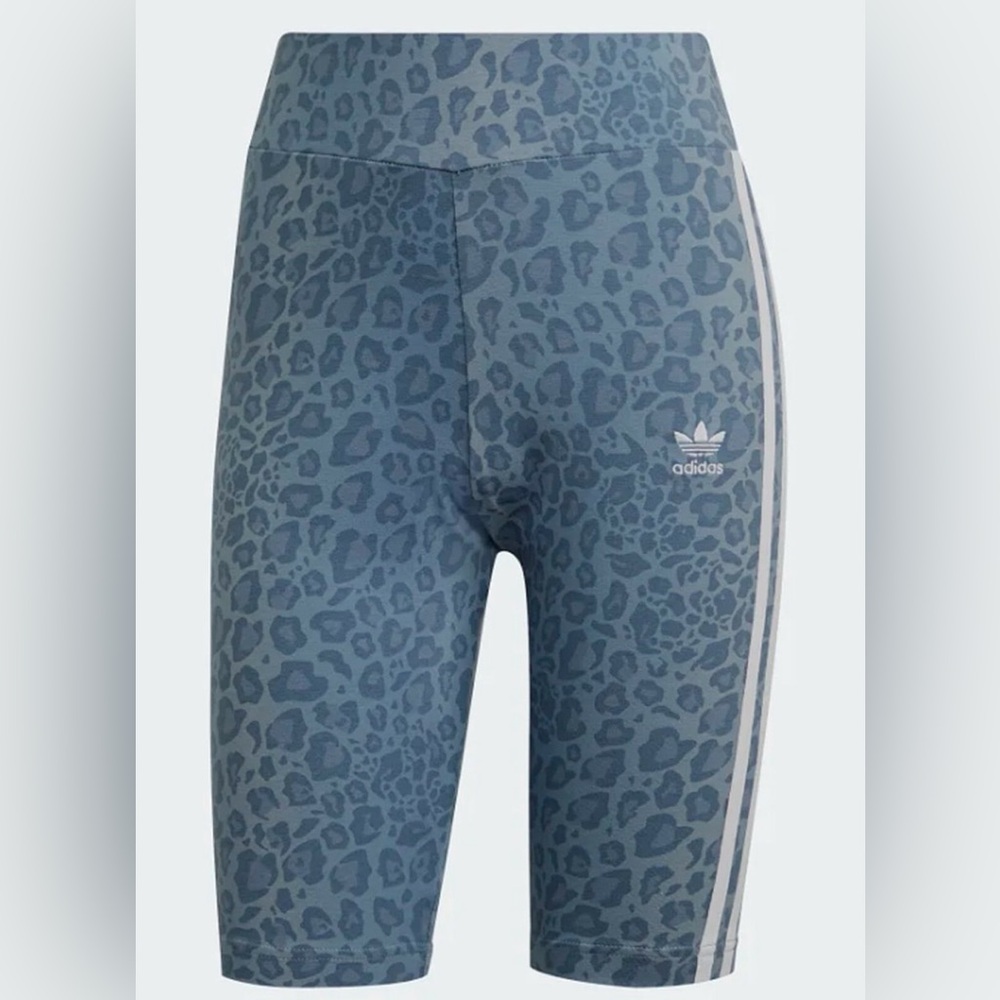 🆕 Adidas | Blue and White Bike Shorts with Leopard Animal Print  White Stripes